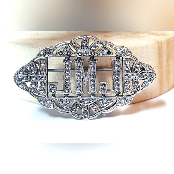 Vintage Art Deco JMJ Monogram Style Sterling Silver Marcasite Brooch Pin - Picture 1 of 4